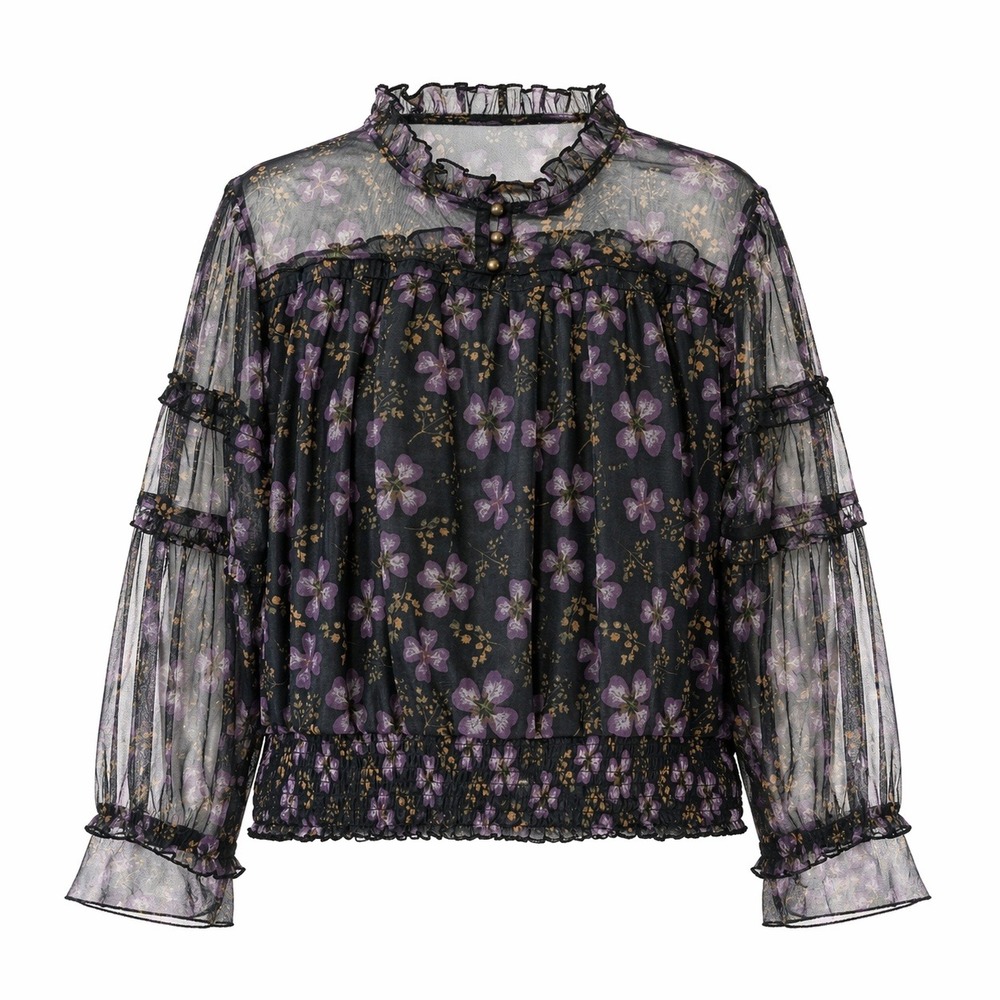 Calligraphie Whimsigoth Fairy XL Floral Mesh Top Black Purple Long Sheer‎ Sleeve